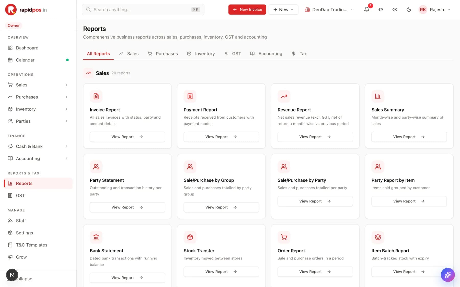 The Reports hub with tabs for All Reports, Sales, Purchases, Inventory, GST, Accounting and Tax, showing cards for Invoice Report, Payment Report, Revenue Report, Sales Summary, Party Statement and more, each with a View Report button.