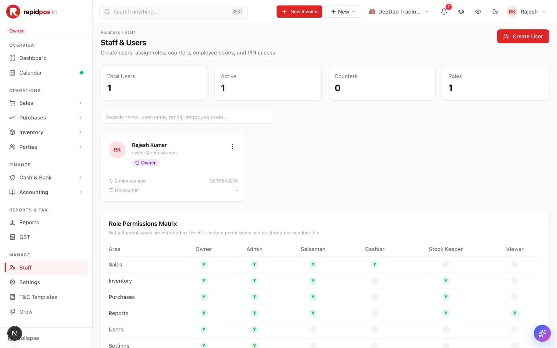 The Staff & Users screen with cards for Total Users, Active, Counters and Roles, a user card for the owner, and a Role Permissions Matrix table showing which areas Owner, Admin, Salesman, Cashier, Stock Keeper and Viewer can access.