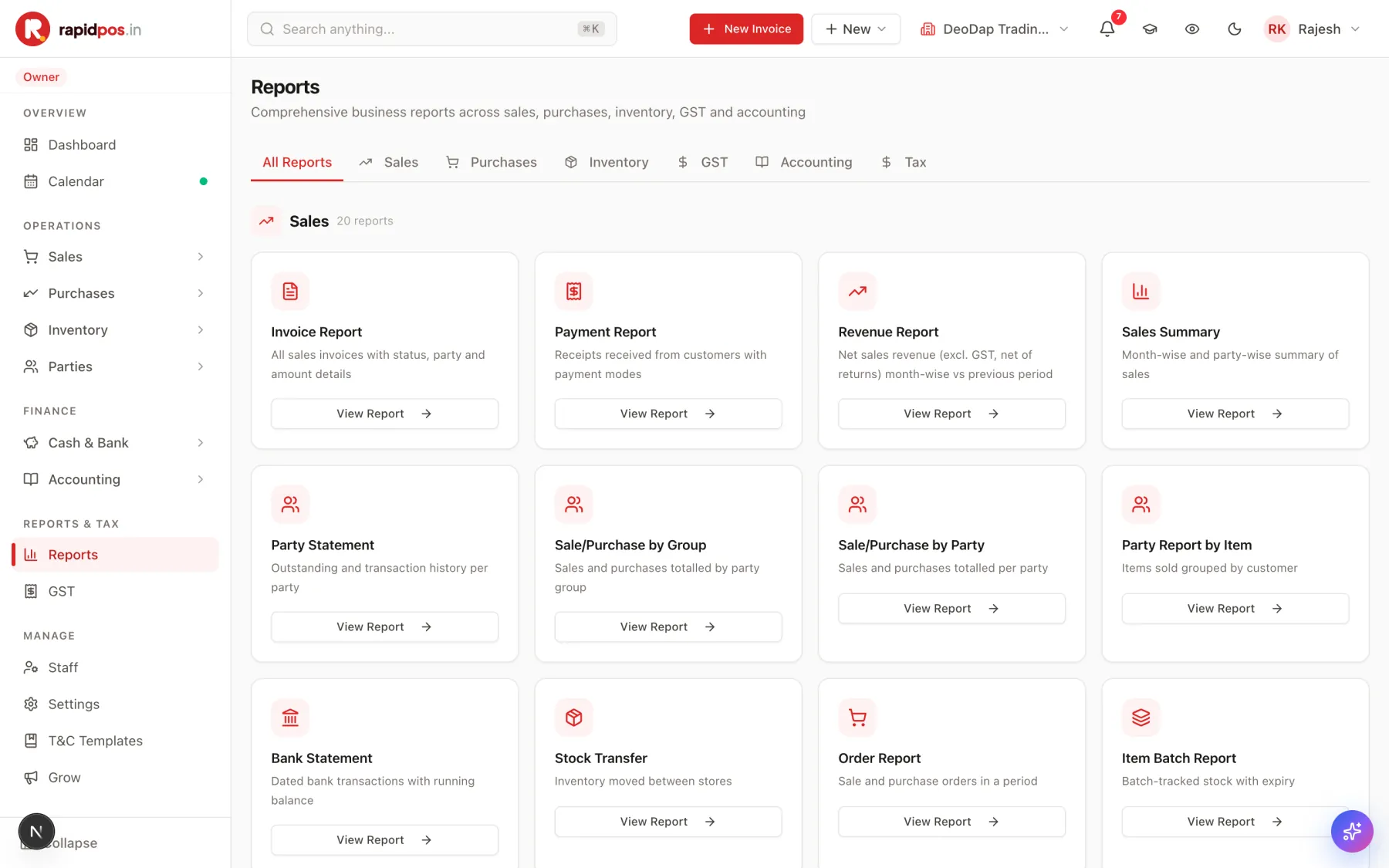 The RapidPOS reports hub: tabs for sales, purchases, inventory, GST, accounting and tax, over cards for invoice, payment, revenue and party-statement reports.